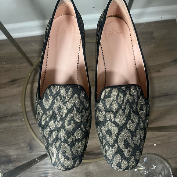 J. Crew Smoking Slippers Loafer Flats Black Gold Leopard Print Metallic Size 8 - Picture 2 of 5